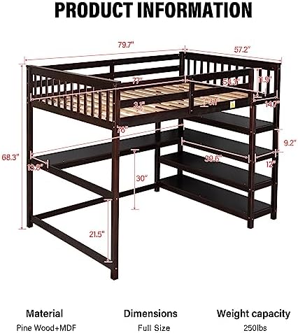 Merax Wood Loft Bed, Loft Bed with Storage Shelves and Under-Bed Desk Solid Wood Bed,Full Size, Espresso Color