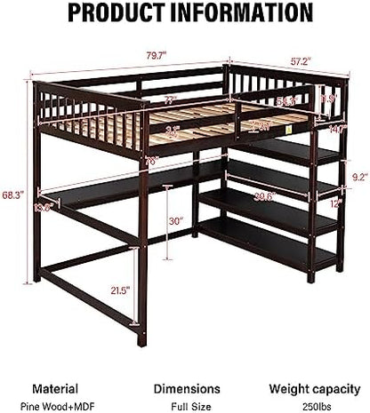 Merax Wood Loft Bed, Loft Bed with Storage Shelves and Under-Bed Desk Solid Wood Bed,Full Size, Espresso Color