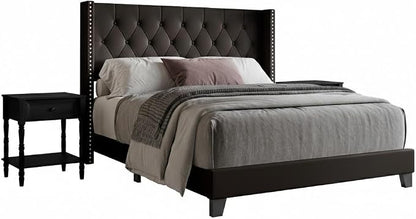 HOME DESIGN Homer Queen Tufted Wingback Upholstered Panel Bed with 2 Matching 1 Drawer Nightstands, Bedroom Furniture Set with Open Shelf Storage, Brown Black