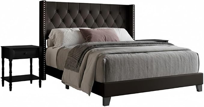 HOME DESIGN Homer King Tufted Wingback Upholstered Panel Bed with 2 Matching 1 Drawer Nightstands, Bedroom Furniture Set with Open Shelf Storage, Brown Black