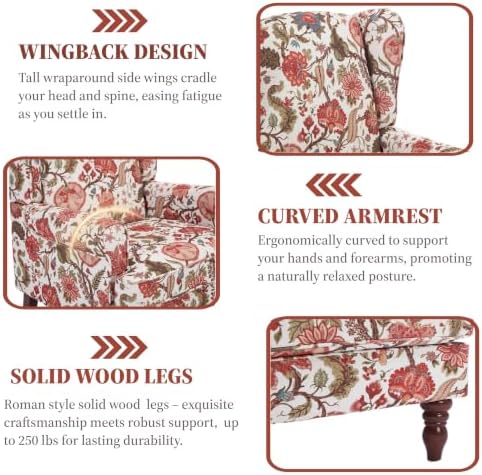 Mid Century Wingback Accent Chairs Set of 2 Floral Red