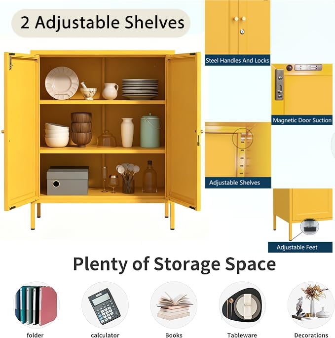Lockable Metal Storage Cabinet Double Door Metal Cabinet Home Decor Cabinet with Adjustable Shelves Coffee Bar Cabinet Suitable for Living Room and Dining room Yellow : 13.8"D x 31.5"W x 36"H