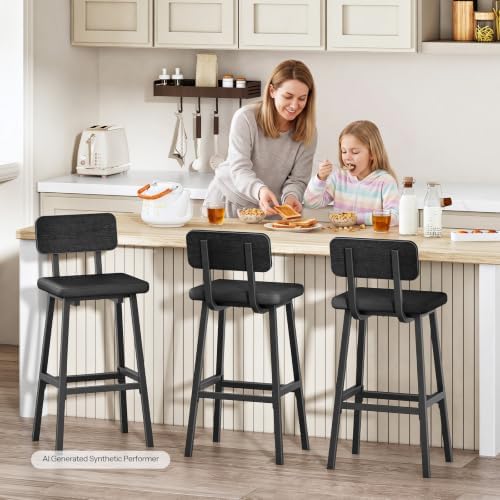 HOOBRO Black Bar Stools, Set of 2 PU Upholstered Tall Bar Stools, Kitchen Breakfast Stools with Footrests, Bar Chairs, for Kitchen, Dining Room, Bar, Cafe, Black BB84BY01G2