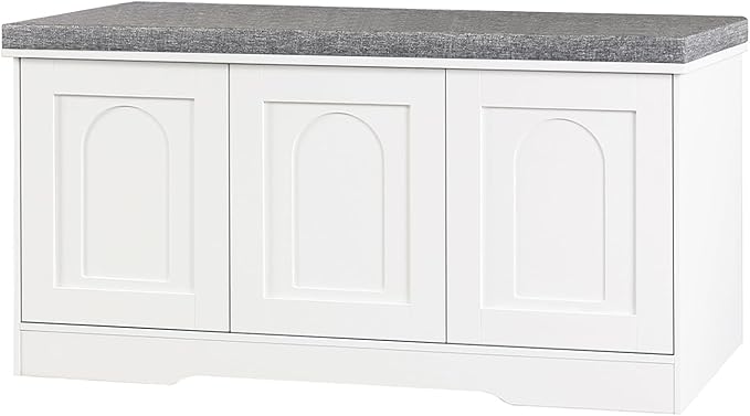 DINZI LVJ Shoe Bench, Entryway Storage Bench with Doors, Cushion, 3-Tier Shoe Rack with 9-Cubby, 39.4" L x 13.8" W Shoe Organizer Cabinet, Fully Adjustable Shelves, Living Room, Bedroom, White