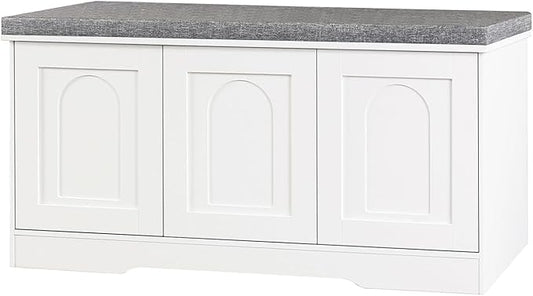 DINZI LVJ Shoe Bench, Entryway Storage Bench with Doors, Cushion, 3-Tier Shoe Rack with 9-Cubby, 39.4" L x 13.8" W Shoe Organizer Cabinet, Fully Adjustable Shelves, Living Room, Bedroom, White