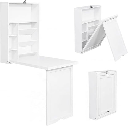 Tangkula Folding Wall Mounted Desk, Convertible Fold Out Floating Table with Storage Shelves, Space-Saving Drop Leaf Table, Murphy Desk for Craft, Study, Small Spaces, Home Office, Dorm, White
