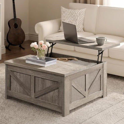 Yaheetech 31.5" Farmhouse Lift Top Coffee Table with Hidden Storage, Gray