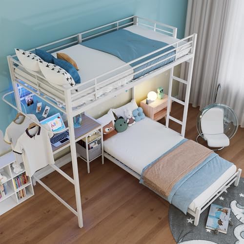 Bellemave Twin Over Twin bunk Bed with Desk and LED Charging Station, loft Bed with Desk and Shelves Drawer, Twin Over Twin Metal Bunk Beds with Storage, White