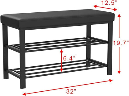Finnhomy Entryway Shoe Rack with Cushioned Seat, Shoe Bench for Entry, 2 Shelves Storage Bench w/Faux Leather Top Bed Bench, Black