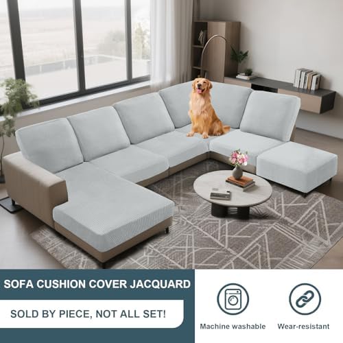 UNBBRRL Seat Cushion Cover and Back Covers for Corner Sofa Stretch Jacquard, Non Slip L Shaped Sofa Slipcover with Storage Ottoman, Sectional Couch Cover for Chaise Lounge (Pale Grey,24 x 98 x 6 “)