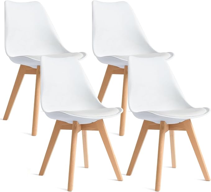 CangLong Dining Chairs Set of 4, Mid Century Modern Kitchen and Dining Chair, Soft Padded Dining Desk Chairs with Wood Legs, for Kitchen, Dining, Living Room & Bedroom, White