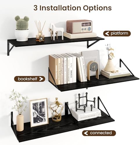 Floating Shelves for Wall, 12 Inch Deep Floating Shelves Set of 2, 24W x 12D Large Wall Shelf with Sturdy Metal Brackets for Living Room, Bathroom, Bedroom and Kitchen, Black