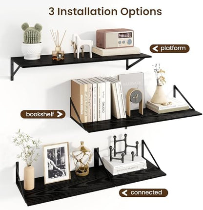 Floating Shelves for Wall, 12 Inch Deep Floating Shelves Set of 2, 24W x 12D Large Wall Shelf with Sturdy Metal Brackets for Living Room, Bathroom, Bedroom and Kitchen, Black