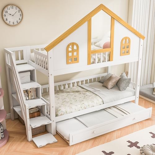 LUMISOL Twin Over Twin House Bunk Bed with Trundle, Solid Wood Bunk Bed with Stairs and Safety Guardrails, Twin Bunk Beds with Storage, White+Natural