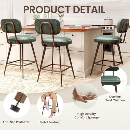 MALOL 26“ Mid Century Leather Swivel Bar Stools Set of 4, Green