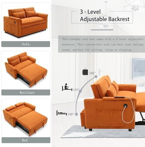 Sofa Bed, Pull Out Couch with Side Pockets, 3 in 1 Velvet Loveseat Sleeper Sofas Beds with USB Ports, Sofa Bed Couch with Adjustable Backrest for Living Room, Bedroom, Apartment, Orange