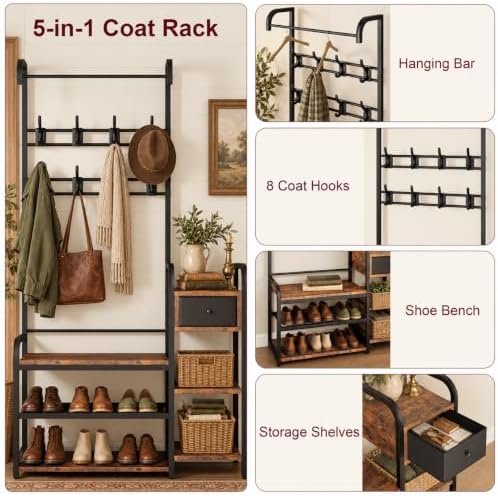 CABIHOME Hall Tree Shoe Bench for Entryway, Coat Rack Entryway Bench with Storage Drawer, 5-In-1 Coat Rack Storage Shelf and 8 Hooks, Coat Tree for Small Spaces, Retro Brown