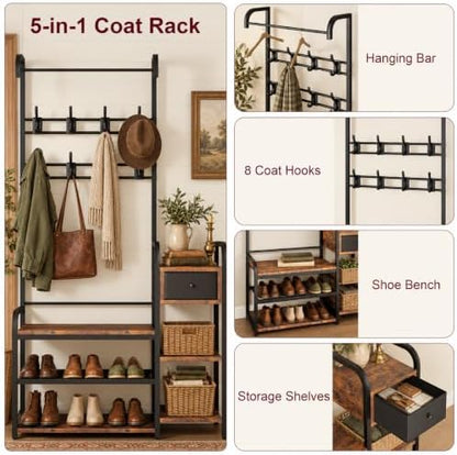 CABIHOME Hall Tree Shoe Bench for Entryway, Coat Rack Entryway Bench with Storage Drawer, 5-In-1 Coat Rack Storage Shelf and 8 Hooks, Coat Tree for Small Spaces, Retro Brown