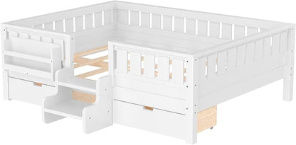 Bellemave Full Size Bed with Slats and Stairs, Full Size Platform Bed Frame with Fence, Bookshelf and Storage Drawers, Easy Assemble Beds for Kids, Girls, Boys, White