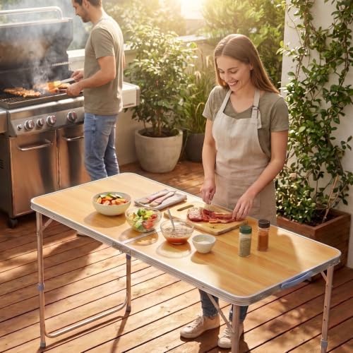 VINGLI 4FT White Folding Table with Carrying Handle Height Adjustable Lightweight Fold Up Portable for Indoor Outdoor Picnic,Camping,Hiking,Fishing,BBQ …