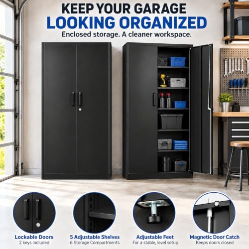 BYNSOE 72" Metal Garage Storage Cabinet with Locking Doors, 5 Adjustable Shelves and Leveling Feet, Steel Cabinet for Garage, Workshop and Home Office, Black