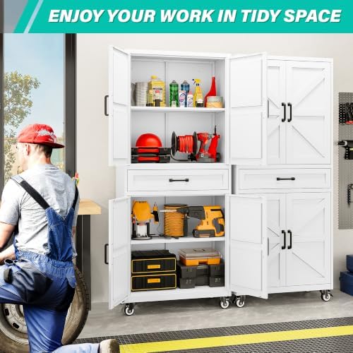 SISESOL White Metal Storage Cabinet with Wheels and Drawer,Rolling Garage Cabinet with Doors and Adjustable Shelves,73" Mobile Tall Large Metal Cabinets for Home,Office,Garage,Shop