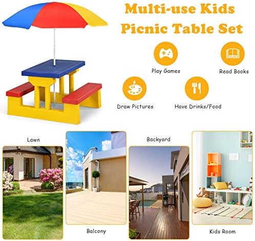 Costzon Kids Picnic Table, Kids Outdoor Table and Chair Sets with Removable Umbrella, Toddler Outdoor Furniture for Backyard, Garden, Patio (Colorful)