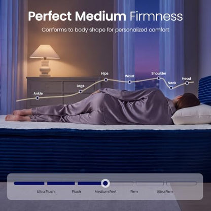 Queen Boneless Bed Frame with Mattress, 16 Inch Memory Foam Mattress with Plush Fabric Upholstered Bed Frame Platform, No Assembly Required,Cool Night & Relieve Pressure with Medium Support, Blue