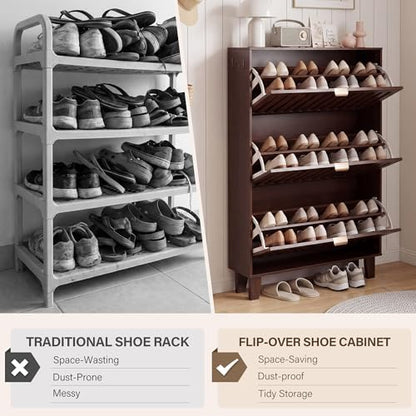 Shoe Cabinet, Slim 3 Flip Drawers for Entryway, Walnut