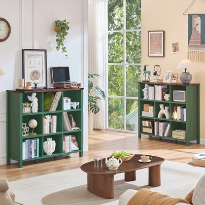 Joaxswe 9 Cube Storage Organizer, Farmhouse 47 Inch Wide Vintage Green Bookshelf, Wooden 3 Tier Display Large Open Book Shelf, Rustic Bookcase for Home Office, Cubby Storage Cabinet for Living Room