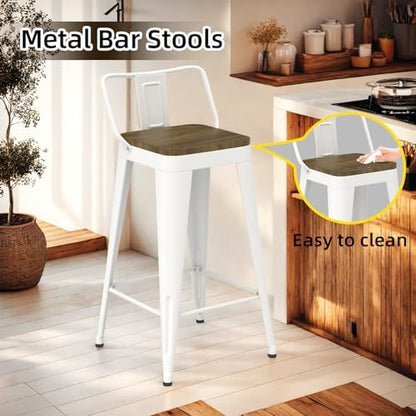 Bar Stools Set of 2, Metal Bar Stools with Wooden Seat, Modern 30”Counter Height Barstools with Low Back, White