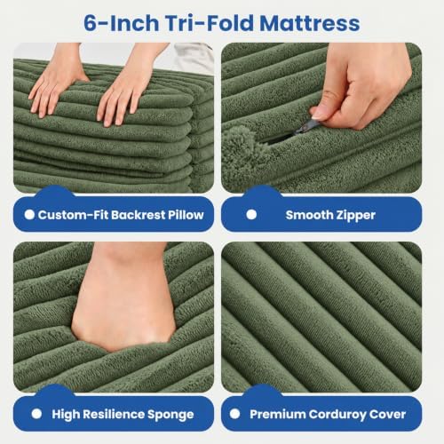 Erament Tri-Fold Futon Sofa Bed, 6 Inch Foldable Floor Couch, High-Density Foam Convertible Sleeper Sofa with Removable Washable Corduroy Cover, Portable Floor Mattress for Living Room (Green, Full)