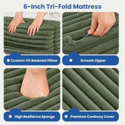Erament Tri-Fold Futon Sofa Bed, 6 Inch Foldable Floor Couch, High-Density Foam Convertible Sleeper Sofa with Removable Washable Corduroy Cover, Portable Floor Mattress for Living Room (Green, Full)