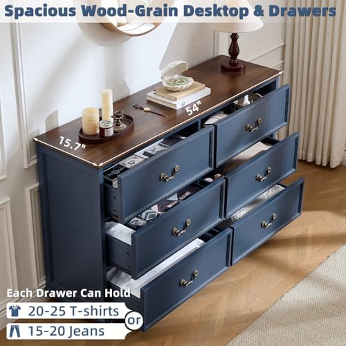 Joaxswe Farmhouse 6 Drawers Dresser for Bedroom, Vintage 54" Wide Chest of Drawers w/ 4 Wooden Legs, Rustic Large Closet Storage Dressers Organizer for Hallway, Wood TV Stand for Living Room, Blue