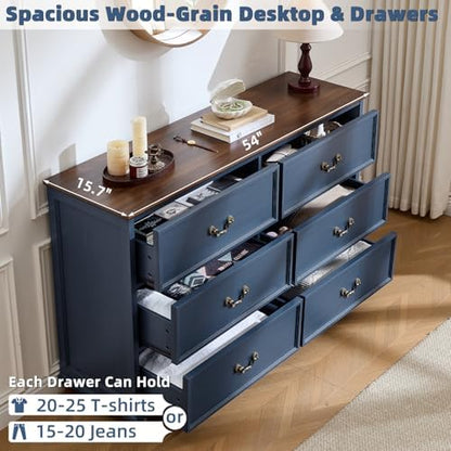 Joaxswe Farmhouse 6 Drawers Dresser for Bedroom, Vintage 54" Wide Chest of Drawers w/ 4 Wooden Legs, Rustic Large Closet Storage Dressers Organizer for Hallway, Wood TV Stand for Living Room, Blue