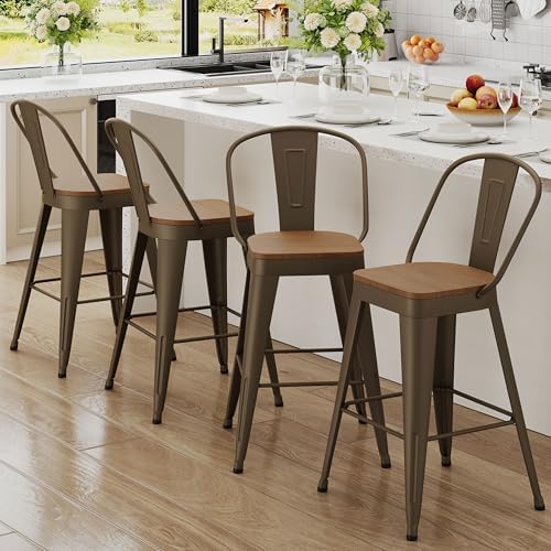 Metal Bar Stools Set of 4, 24" Counter Height with Backs, Rusty
