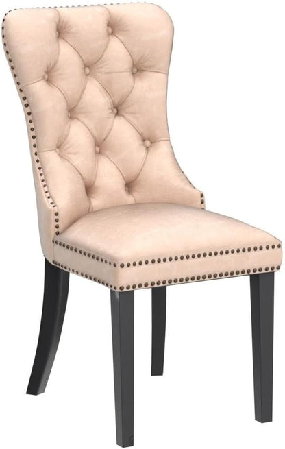 CIMOTA Beige Leather Dining Chairs Set of 2 Mid Century Modern Dining Room Chairs Tufted Upholstered Kitchen Dining Chairs Comfortable Side Chairs with Nailhead Trim/Ring Back (PU /2PCS)