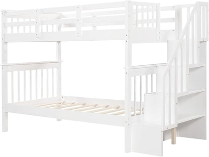 MERITLINE Twin Over Twin Bunk Bed with Storage Staircase, Solid Wood Stairway Convertible Bunk Bed with Stairs (Twin Over Twin,White)