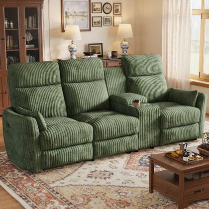 LINSY Modular 3-Seater Recliner Sofa with Flippable Console & Hidden Storage, Dual Manual Reclining Couch with USB Ports & Cup Holders, Corduroy Couch for Living Room, Home Cinema, RV (Green)