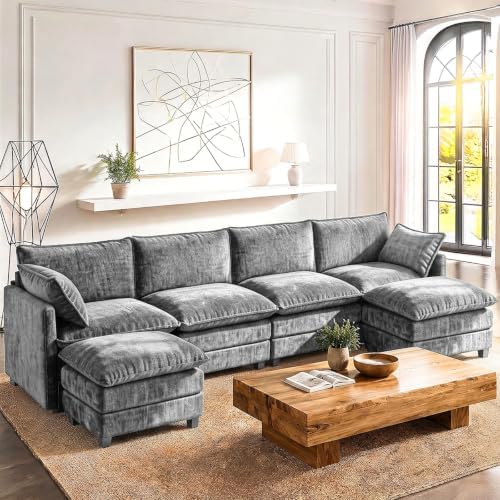 LEVELEVE 146" U-Shape Modular Sofa with 2 Ottomans, Deep Seat Cloud Convertible Sleeper, 2 Arm Pillows, Cozy Large Upholstered Furniture for Living Room Apartment, Dark Grey