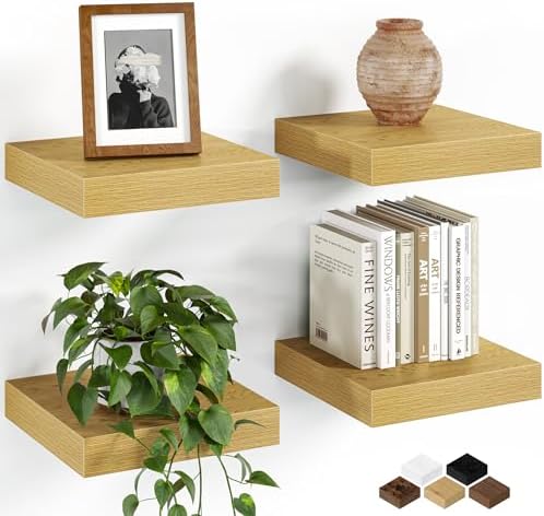8"x8" Square Floating Shelves for Wall, Oak Finish, 4-Pack