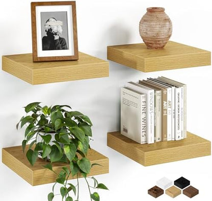 8"x8" Square Floating Shelves for Wall, Oak Finish, 4-Pack