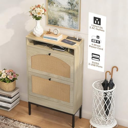 COMHOMA Shoe Cabinet with Charging Station, Slim Hidden Flip-Down Shoe Storage Organizer with Adjustable Shelves, Narrow Entryway Shoe Rack with Anti-Tip Kit (White Rattan)