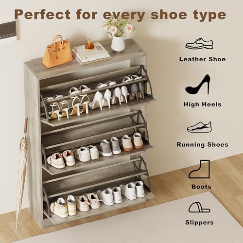 Shoe Storage Cabinet with 3 Flip Drawers, Grey