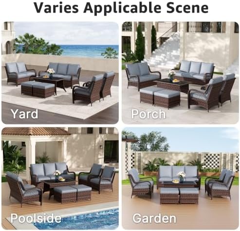 6 Piece Wicker Patio Furniture Set, Rattan Patio Chairs with High Back, Deep Seating, Wide Armrest, Thickened Cushions, Outdoor Furniture for Deck, Porch Use, Dark Grey