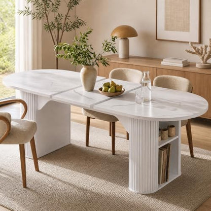 Round Extendable Dining Table, 71"-87" Oval Kitchen Table Storage, White