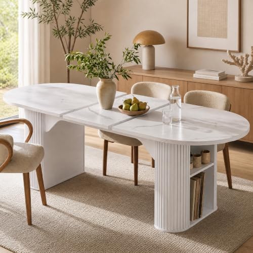 Round Extendable Dining Table, 63"-79" Oval Kitchen Table Storage, White