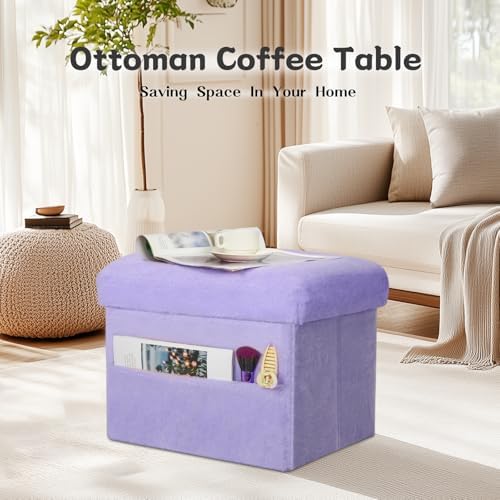 Storage Ottoman, Folding Fur Ottoman with Thicker Foam Padded Seat, Purple