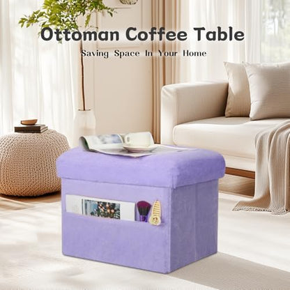 Storage Ottoman, Folding Fur Ottoman with Thicker Foam Padded Seat, Purple
