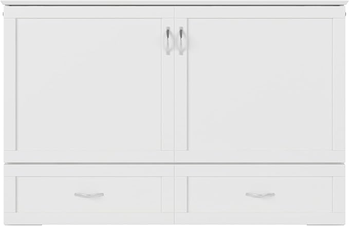 AFI Hamilton Queen Murphy Bed Chest with Mattress, Storage, and Built-in Charger in White